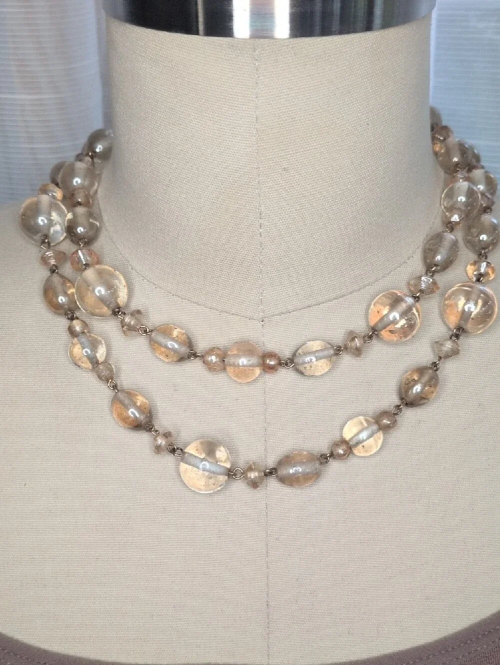 Vintage Long Champagne & Smoky Seeded Glass Bead Opera Necklace